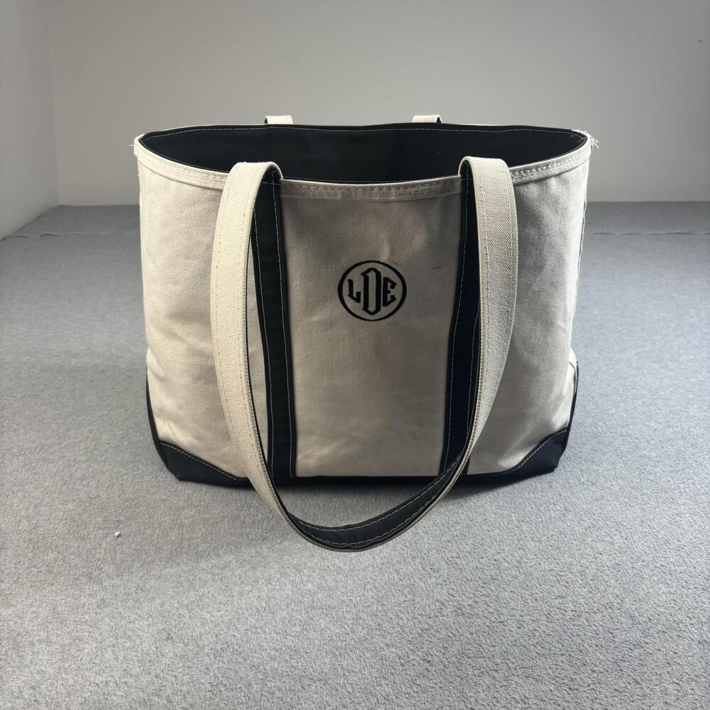 LL Bean Boat And Tote Bag Large Canvas Zip Top Monogram LDE Navy Trim Heritage